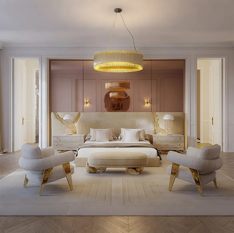 Italian Designer Luxury Bedroom Furniture Set Furniture King Size Bed Frame Bed Luxury Brass Nubuck Fabric Bed with Headboard Arado