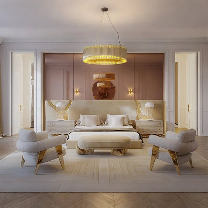 Italian Designer Luxury Bedroom Furniture Set Furniture King Size Bed Frame Bed Luxury Brass Nubuck Fabric Bed with Headboard Arado