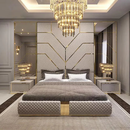 High End Luxury King Size Background Wall Panels Headboard Bedroom Bed Set Italian Home Bedroom Furniture Fabric Upholstered Bed Arado