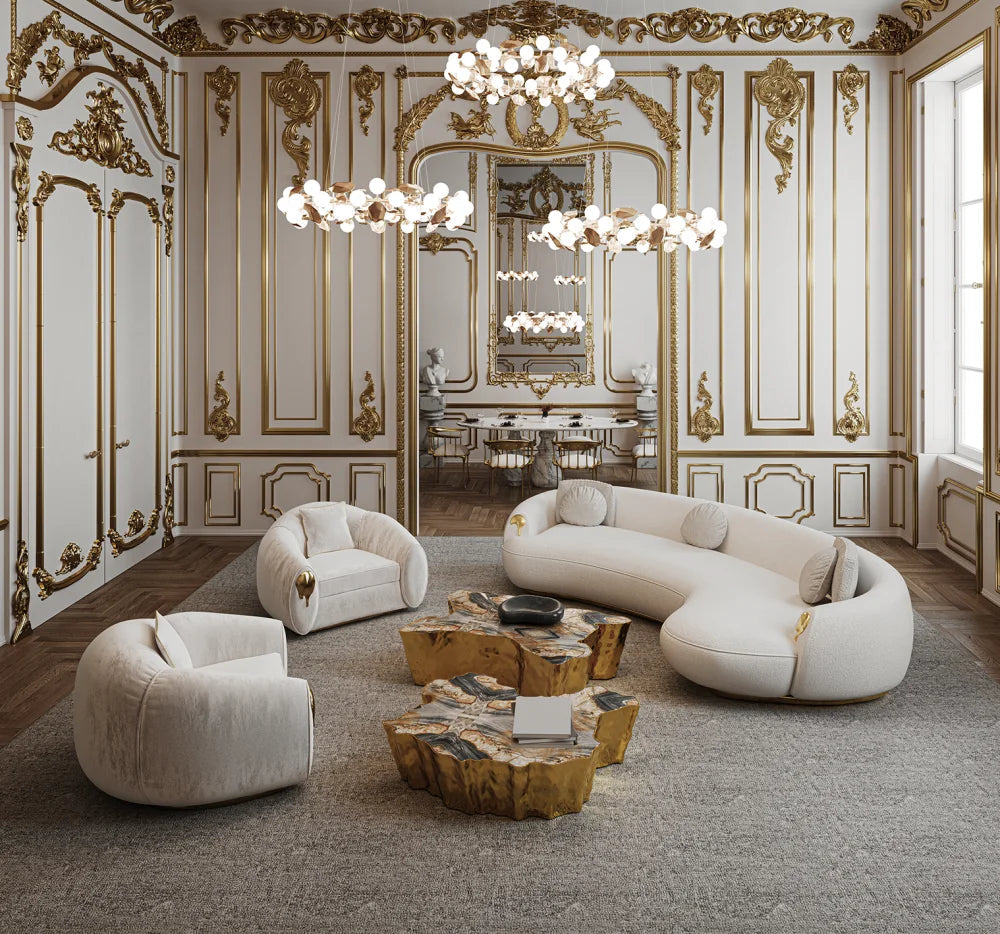 High End Home Furniture Living Room Sofa Luxury Design Nubuck Fabric Sofa Italian Brass Base Sofa Set for Villa Hotel Arado