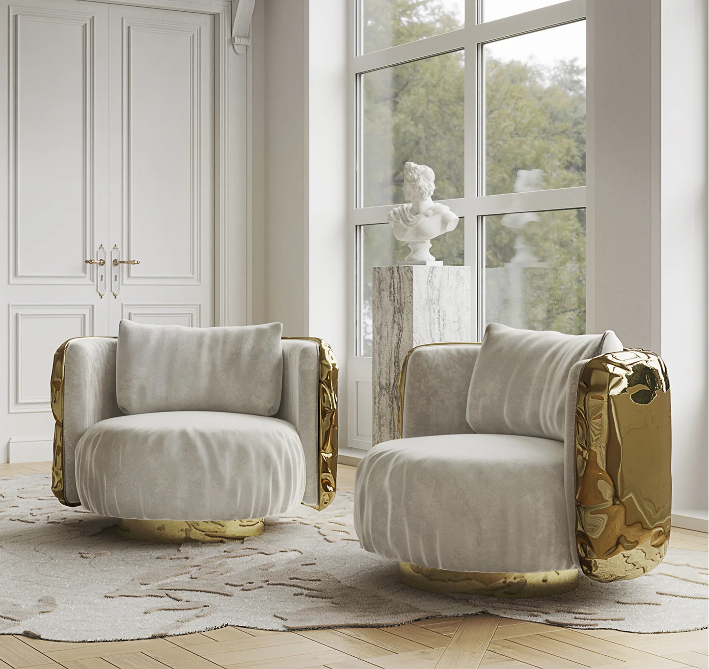Modern Luxury Living Room Nubuck Fabric Sofa Chair Furniture Set White Single Armchair Brass Base Sofa for Villa Hotel Arado